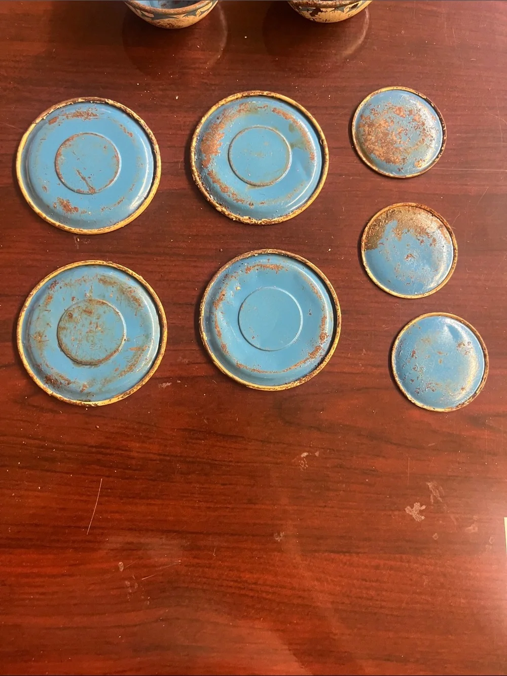 Vintage lot of Ohio Art Irwin Tin Litho Tea cups, saucers, and plates 13 pieces